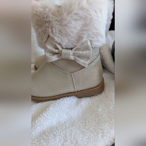 Rachel Shoes Girls Glitter Bow Faux Fur Cuff Boots - Champagne Beige